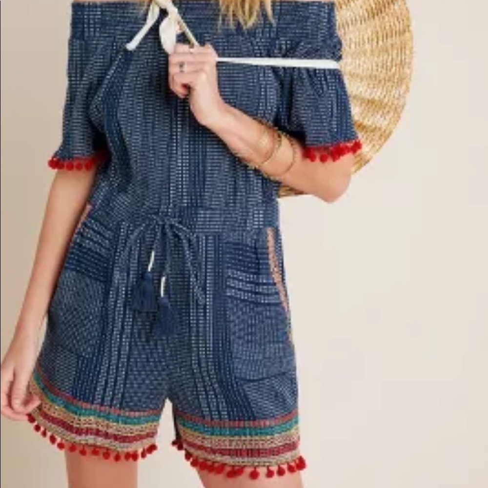THML Anthropologie Blue Pom Pom Romper W/Embroidery & Pockets